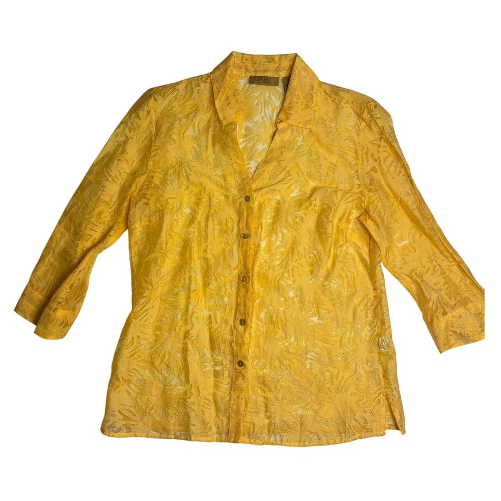 Valerie Stevens Women's S Yellow Sheer Blouse 3/4 Sleeve  Button Front Sparkle